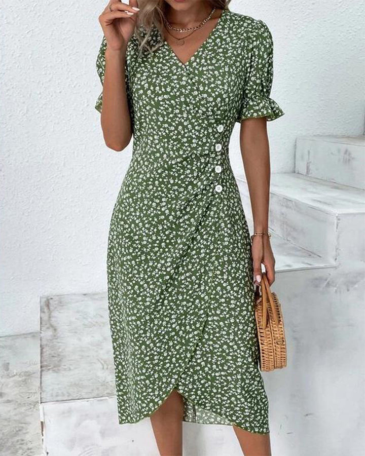 Women's Casual Summer Button Waist Detail V-Neck Floral Dress | Midi