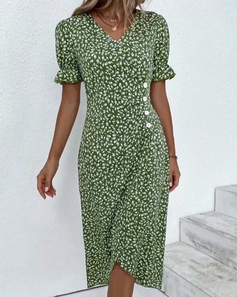 Women's Casual Summer Button Waist Detail V-Neck Floral Dress | Midi