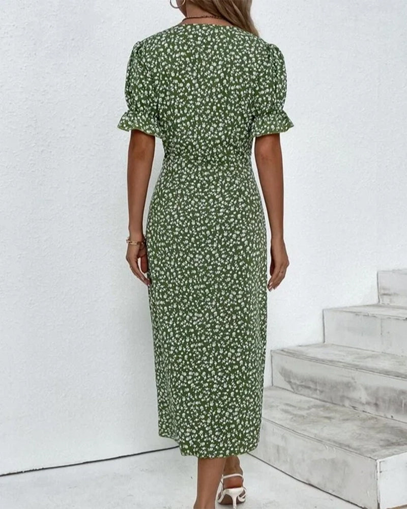 Women's Casual Summer Button Waist Detail V-Neck Floral Dress | Midi