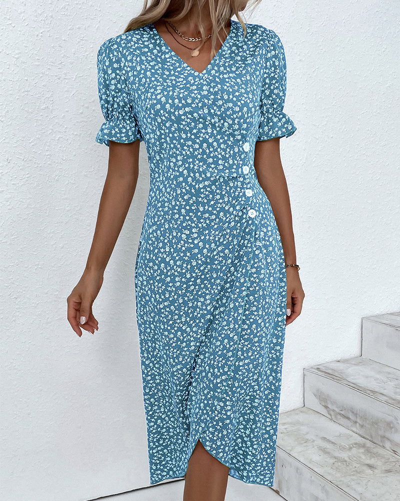 Women's Casual Summer Button Waist Detail V-Neck Floral Dress | Midi