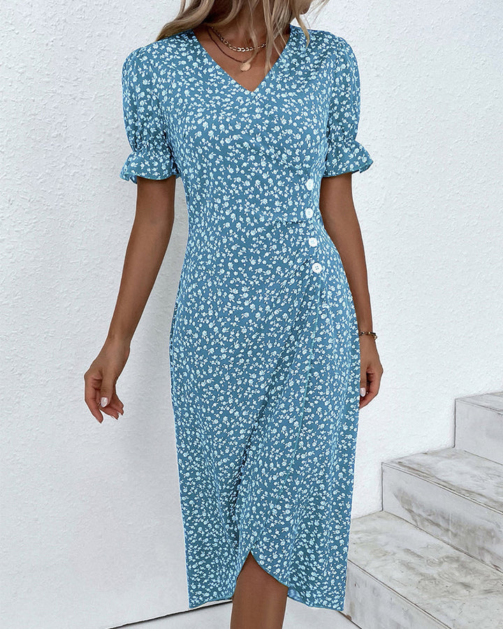 Women's Casual Summer Button Waist Detail V-Neck Floral Dress | Midi