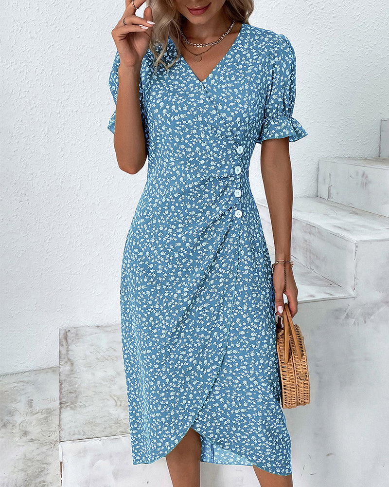 Women's Casual Summer Button Waist Detail V-Neck Floral Dress | Midi