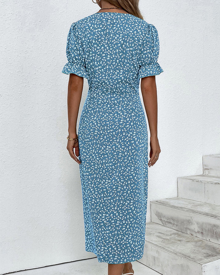 Women's Casual Summer Button Waist Detail V-Neck Floral Dress | Midi