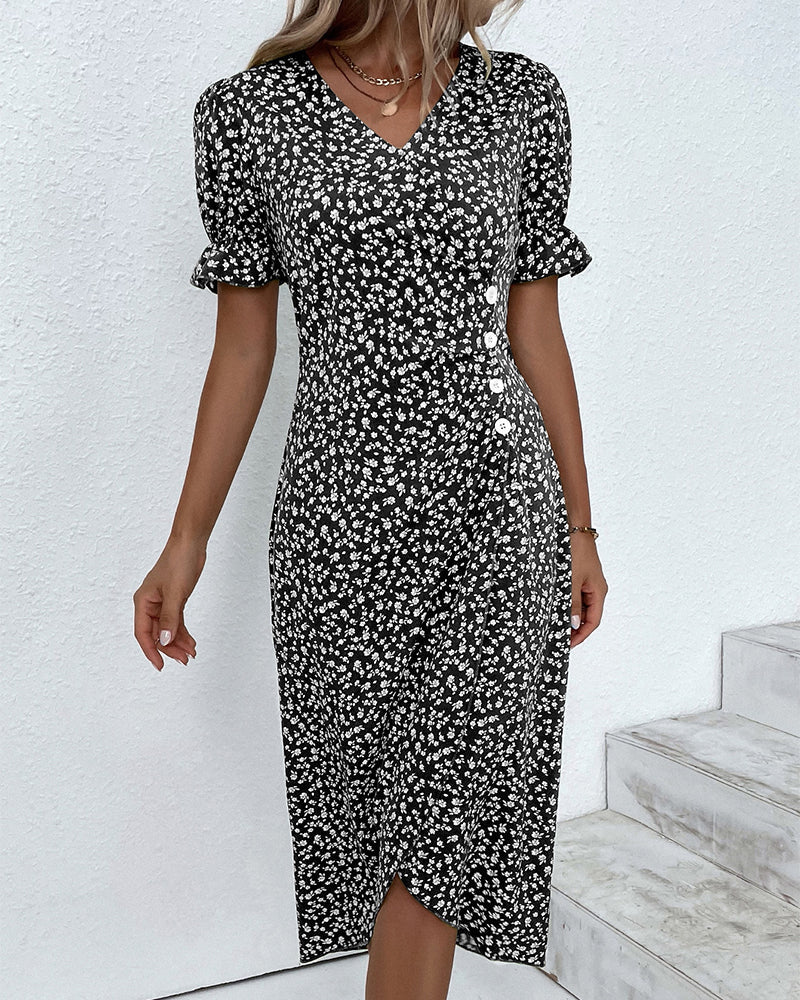 Women's Casual Summer Button Waist Detail V-Neck Floral Dress | Midi