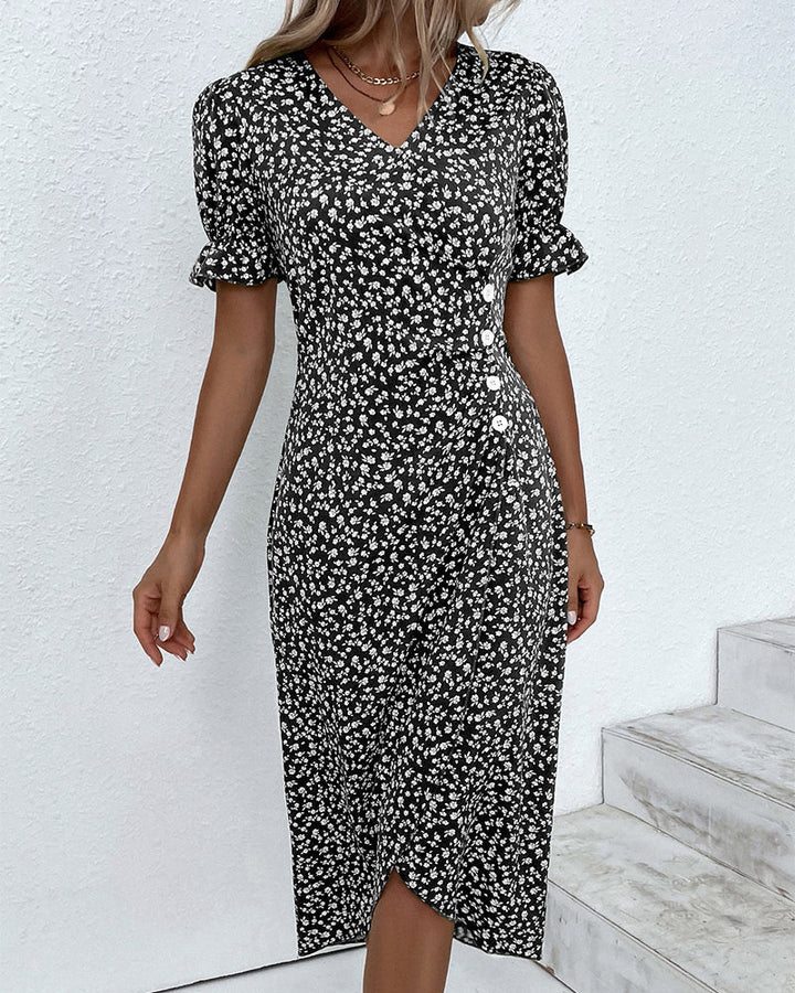 Women's Casual Summer Button Waist Detail V-Neck Floral Dress | Midi