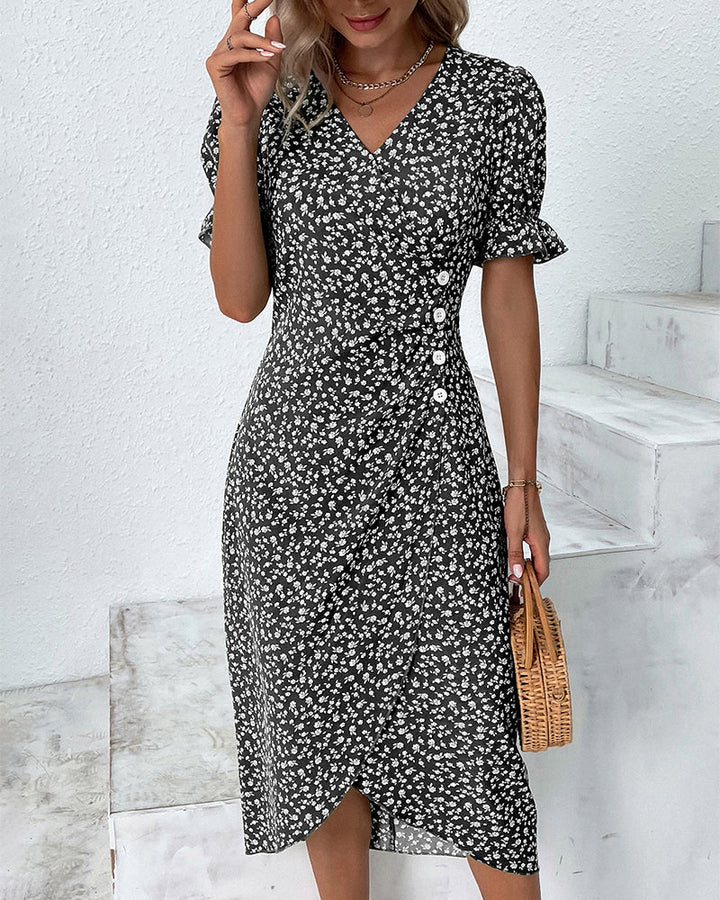 Women's Casual Summer Button Waist Detail V-Neck Floral Dress | Midi