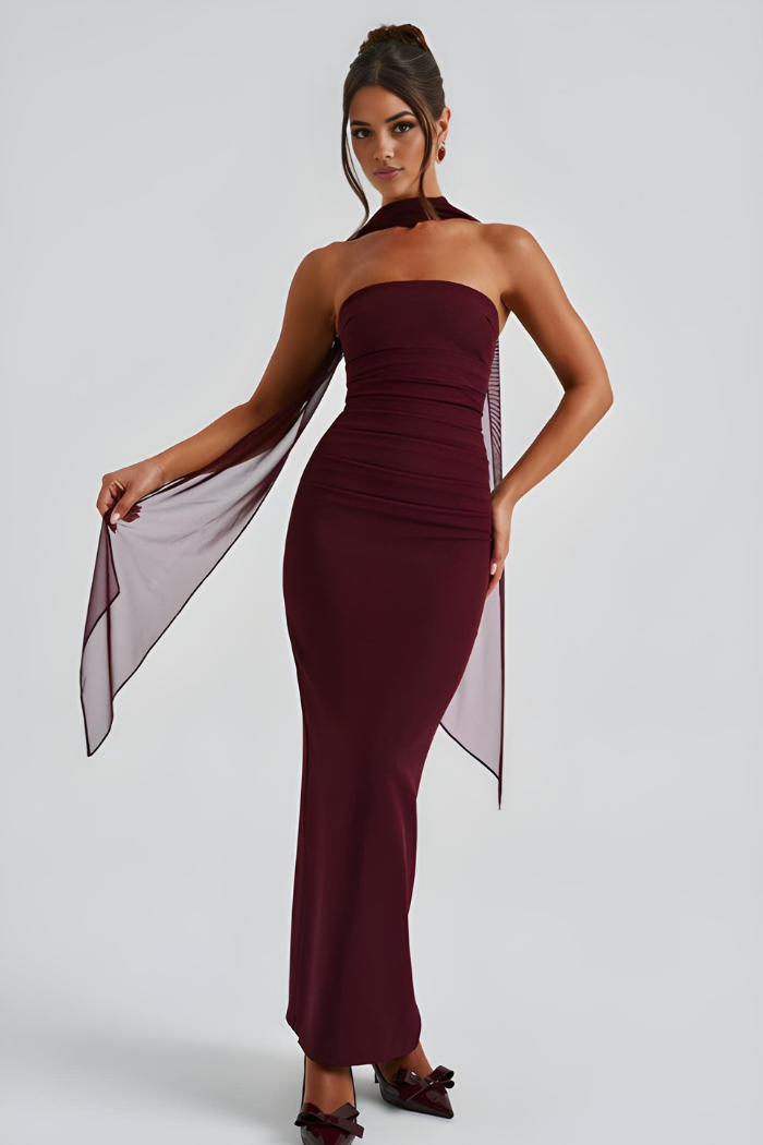 Women's Formal Strapless Bodycon Dress With Scarf | Maxi