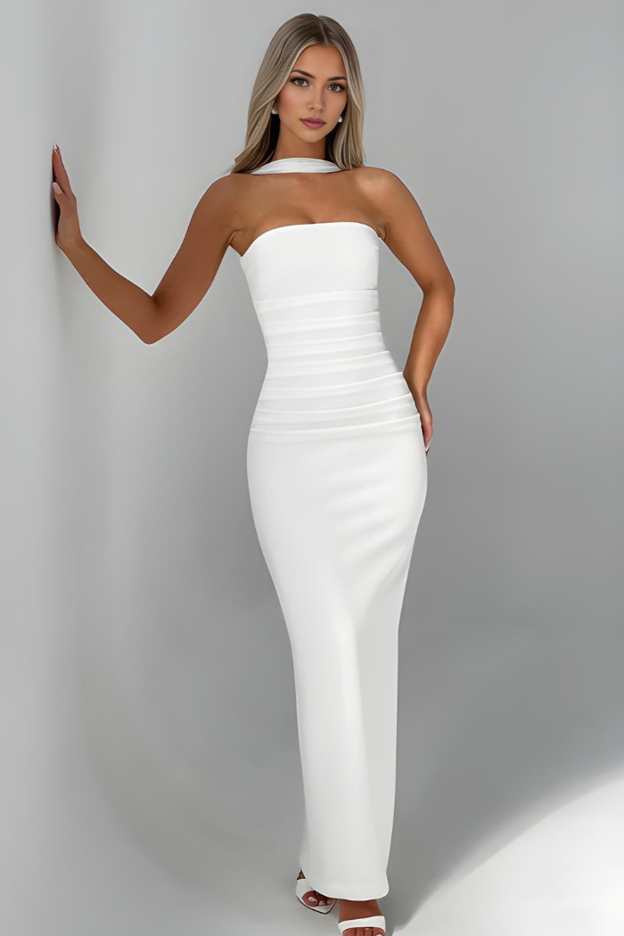 Women's Formal Strapless Bodycon Dress With Scarf | Maxi