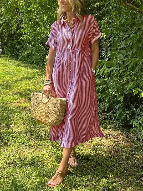 Women's Casual Summer Stripe Button-Up Shirt Dress | Midi