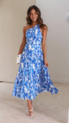 Women's Summer Blue Floral One Shoulder Dress | Maxi
