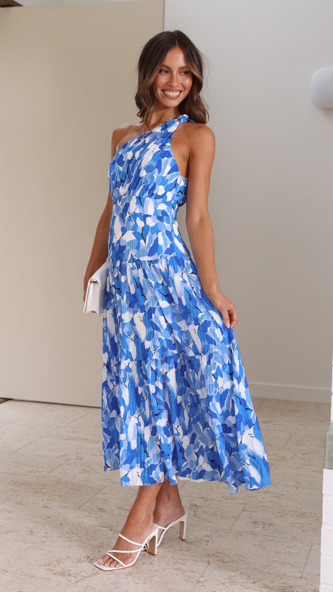 Women's Summer Blue Floral One Shoulder Dress | Maxi