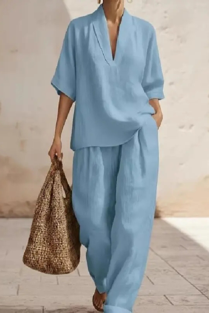 Women's Loose V Neck Top and Wide Leg Trousers Co-Ord Set | Two Piece
