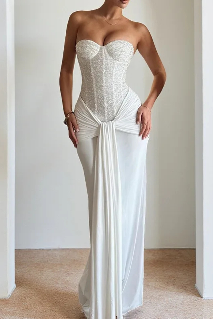 Women's Evening Corset Strapless Draped Wedding Guest Dress | Maxi