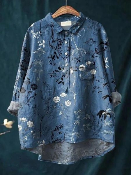 Women's Vintage Floral Button Fron Neck Collared Blouse | Long Sleeves