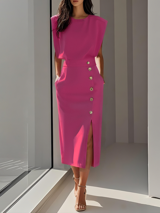 Women's Elegant Button-Front Detail Work Dress with Slit | Midi