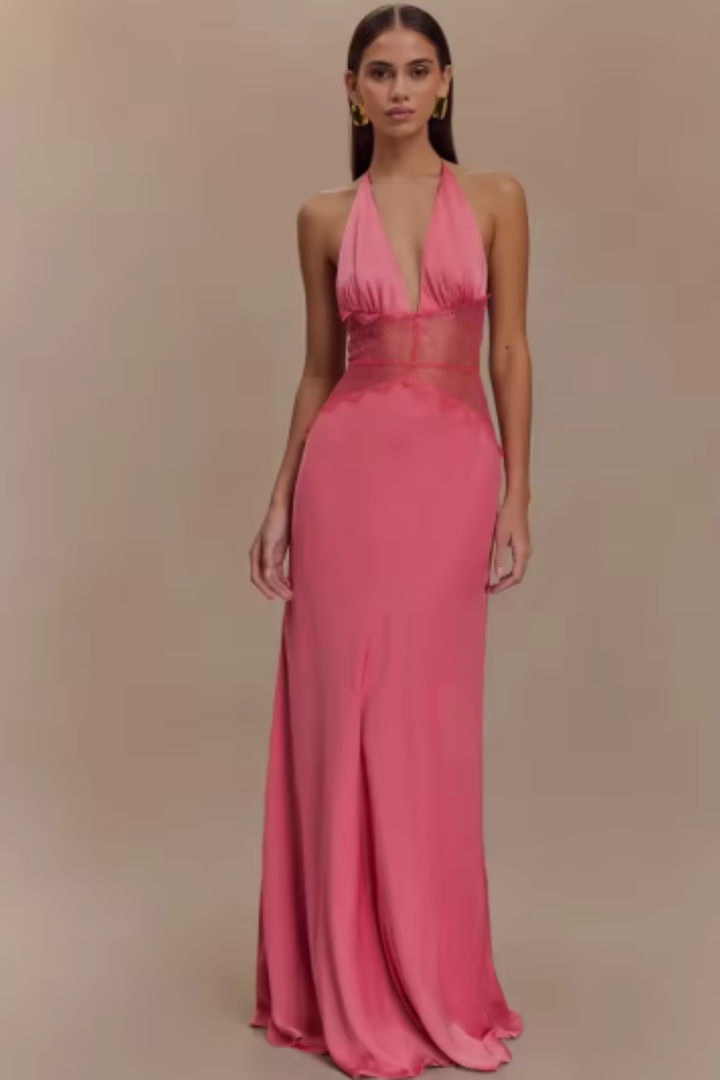 Women's Plunging Halter Neck Wedding Guest Dress | Maxi