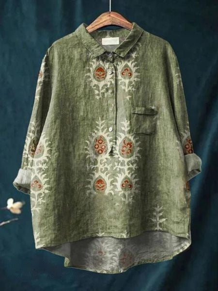 Women's Vintage Floral Button Fron Neck Collared Blouse | Long Sleeves
