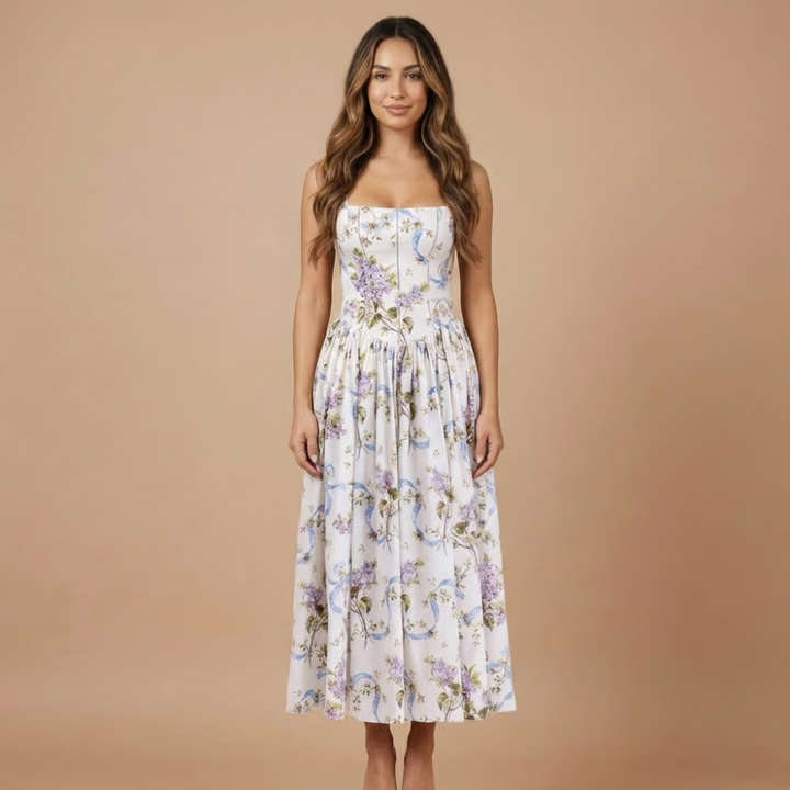 Women's Wedding Guest Floral Straight Neck Dress | Midi