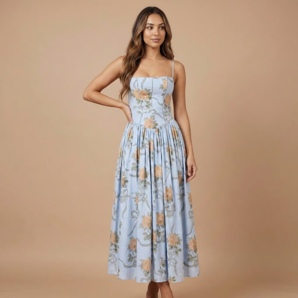 Women's Wedding Guest Floral Straight Neck Dress | Midi