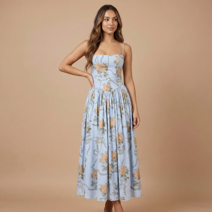 Women's Wedding Guest Floral Straight Neck Dress | Midi