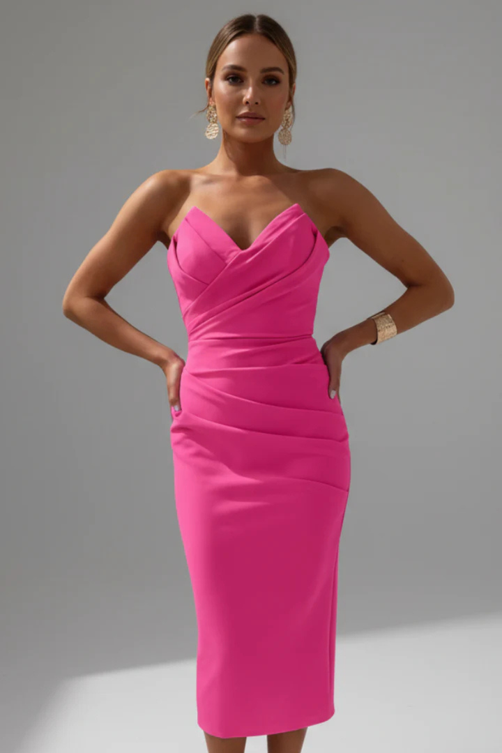 Women's Formal Strapless Sweetheart Neckline Ruched Dress | Midi