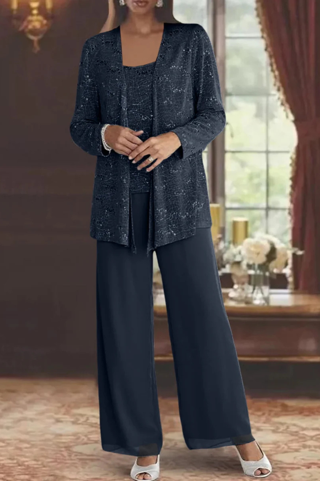 Women's Party Jacket and Top and Wide Leg Trouser | Three Piece