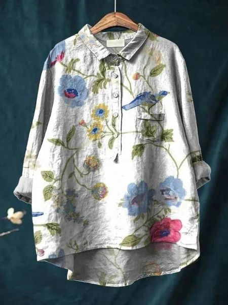 Women's Vintage Floral Button Fron Neck Collared Blouse | Long Sleeves