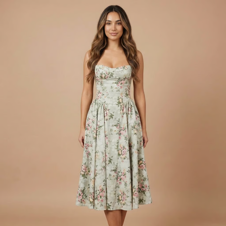 Women's Wedding Guest Floral Straight Neck Dress | Midi