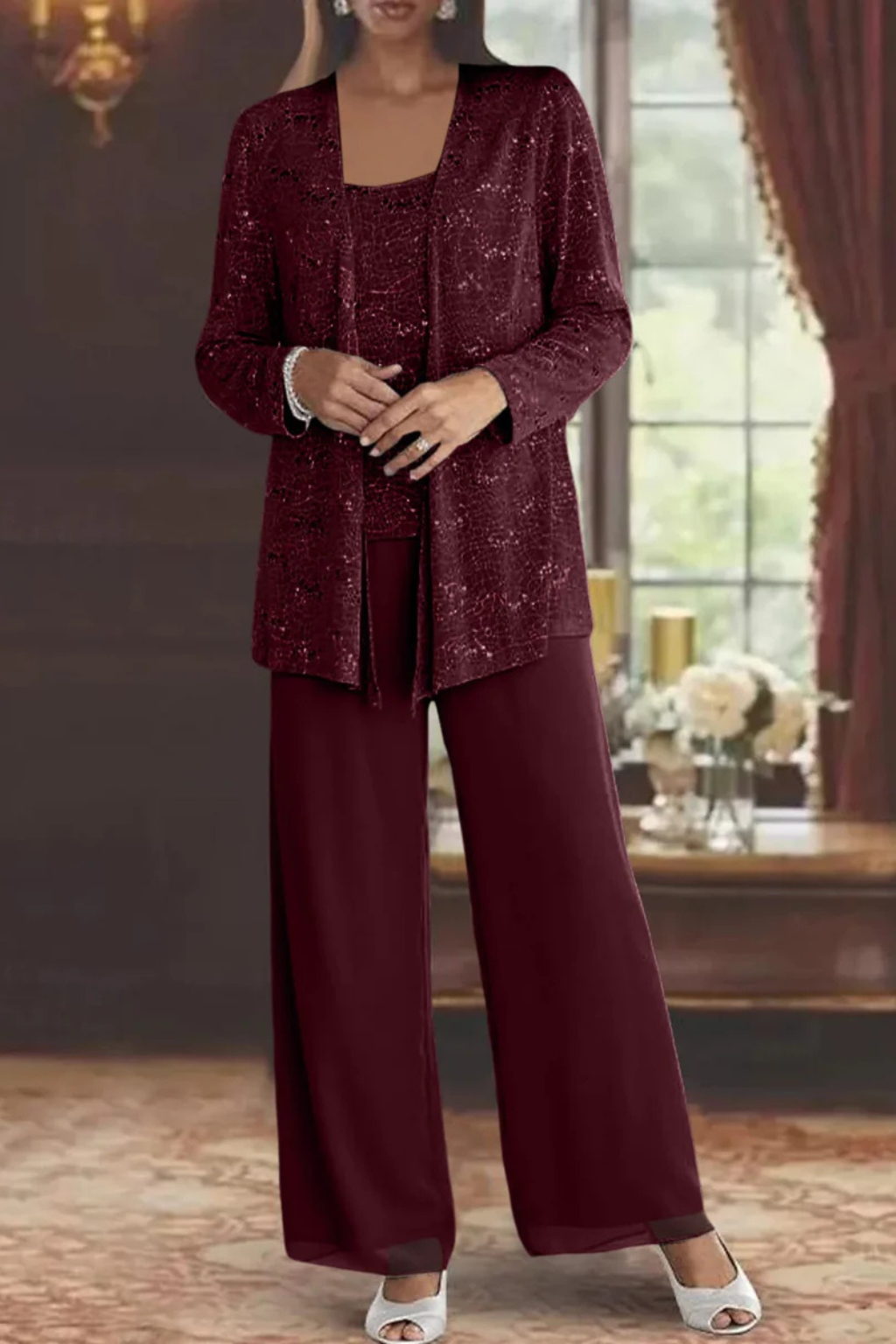 Women's Party Jacket and Top and Wide Leg Trouser | Three Piece