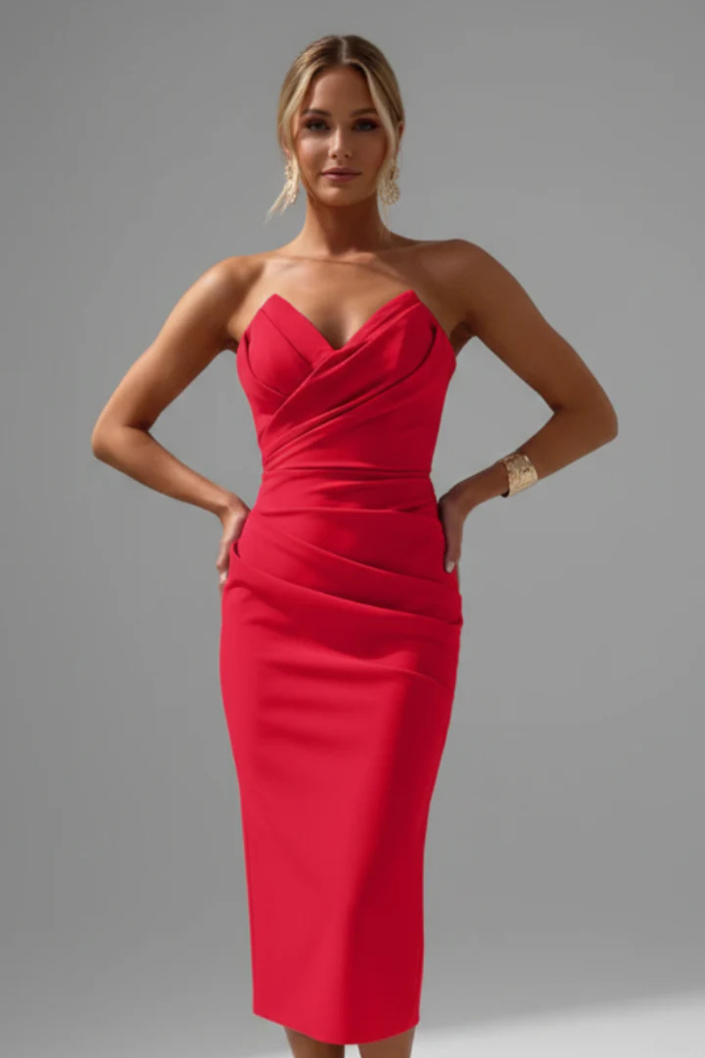 Women's Formal Strapless Sweetheart Neckline Ruched Dress | Midi