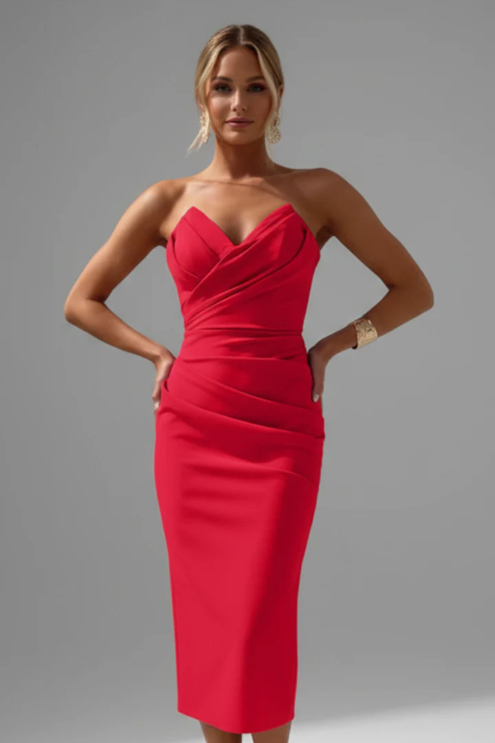 Women's Formal Strapless Sweetheart Neckline Ruched Dress | Midi