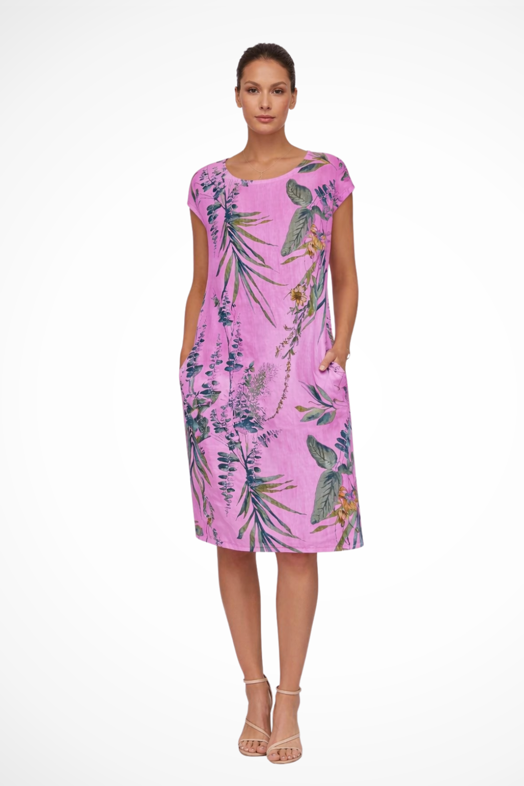 Women's Casual Relaxed Fit Summer Dress with Botanical Print | Midi