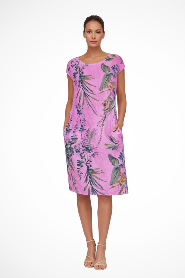 Women's Casual Relaxed Fit Summer Dress with Botanical Print | Midi