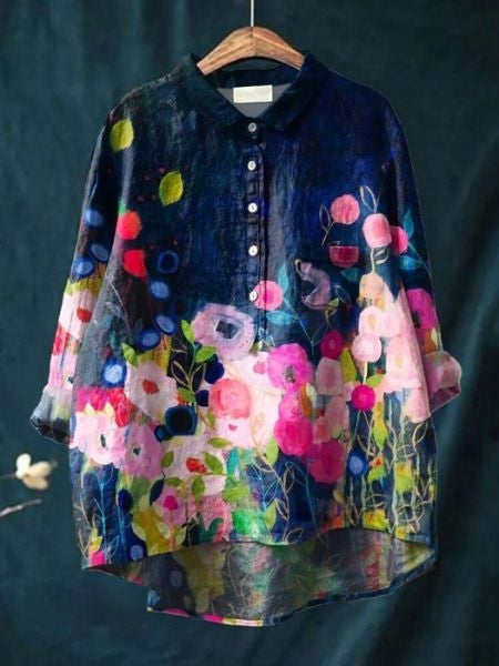 Women's Vintage Floral Button Fron Neck Collared Blouse | Long Sleeves