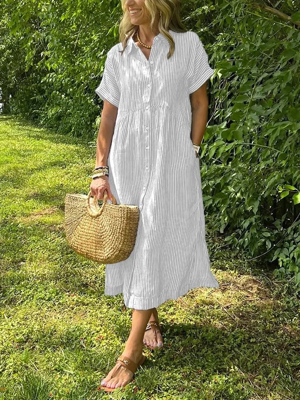 Women's Casual Summer Stripe Button-Up Shirt Dress | Midi
