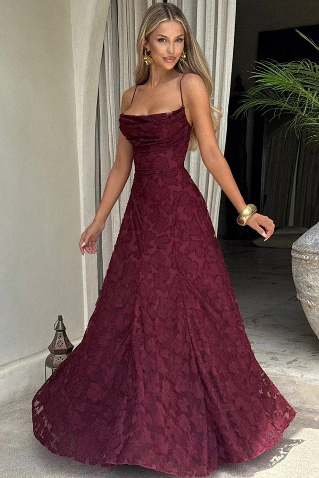 Women's Spaghetti Strap Straight Neckline Floral Formal Dress | Maxi
