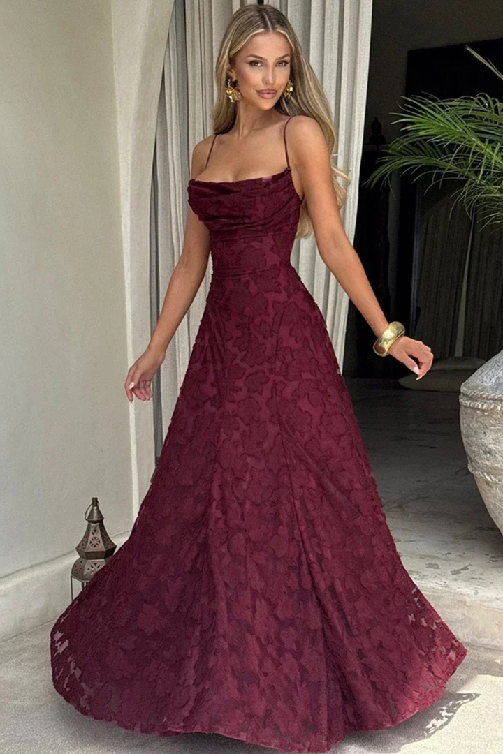 Women's Spaghetti Strap Straight Neckline Floral Formal Dress | Maxi