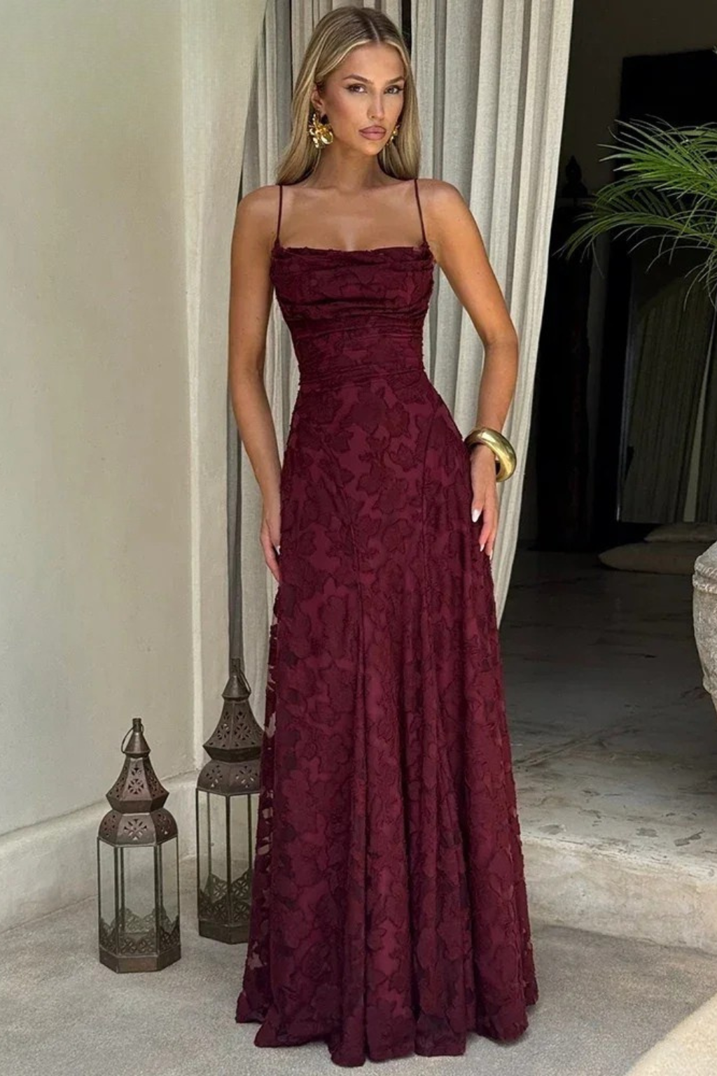 Women's Spaghetti Strap Straight Neckline Floral Formal Dress | Maxi