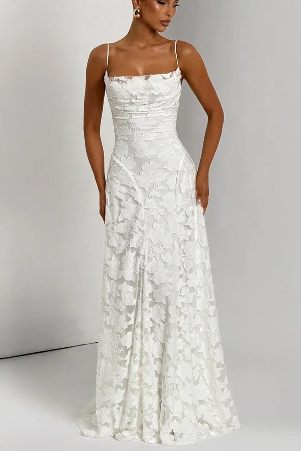 Women's Spaghetti Strap Straight Neckline Floral Formal Dress | Maxi