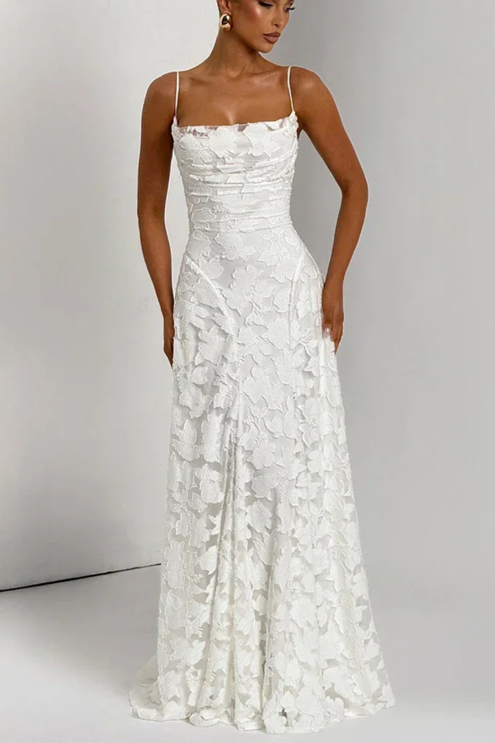Women's Spaghetti Strap Straight Neckline Floral Formal Dress | Maxi
