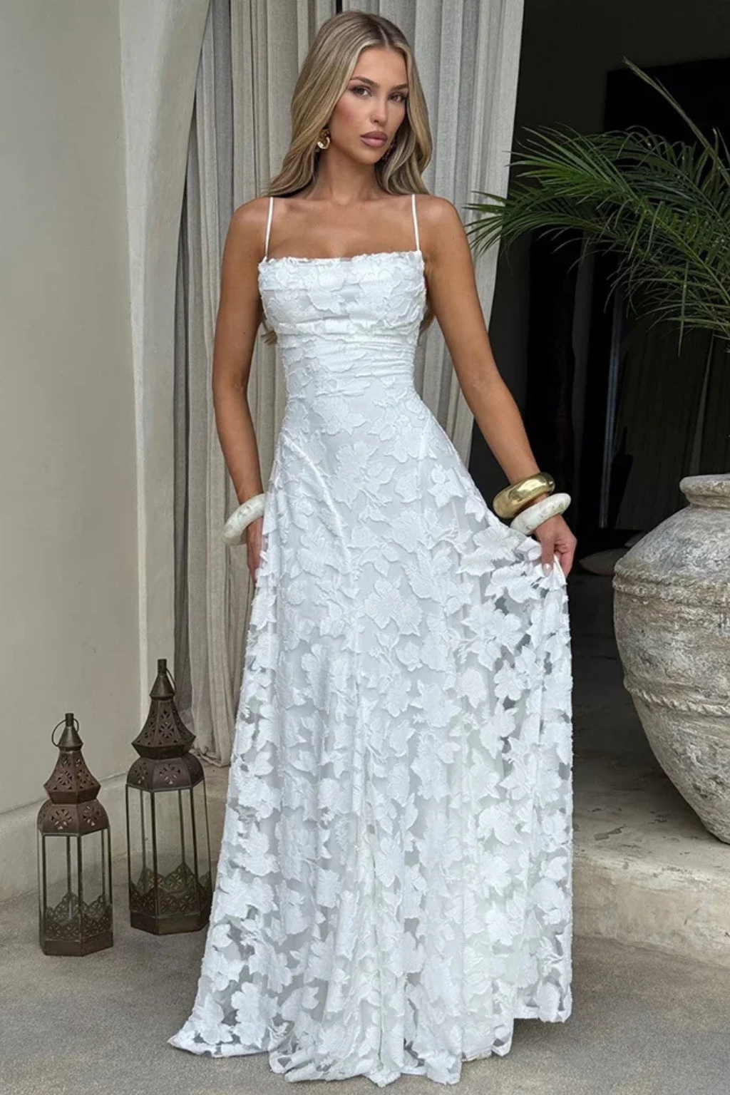 Women's Spaghetti Strap Straight Neckline Floral Formal Dress | Maxi