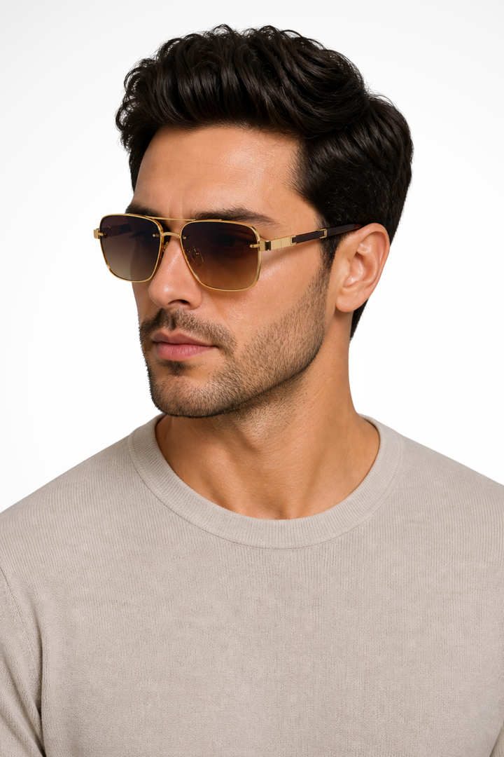 Men's Aviator Square Sunglasses with Gold Metal Frame and Gradient Lens | Polarized
