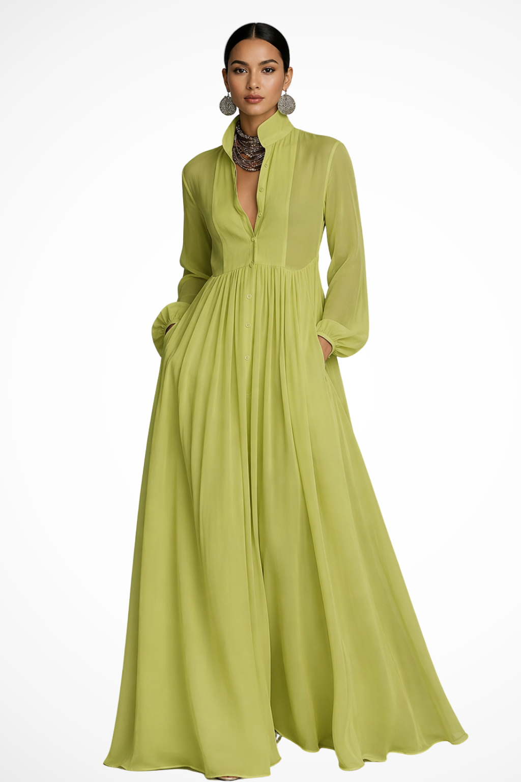 Women's Long Sleeve Button Front Garden Party Dress with Pockets | Maxi