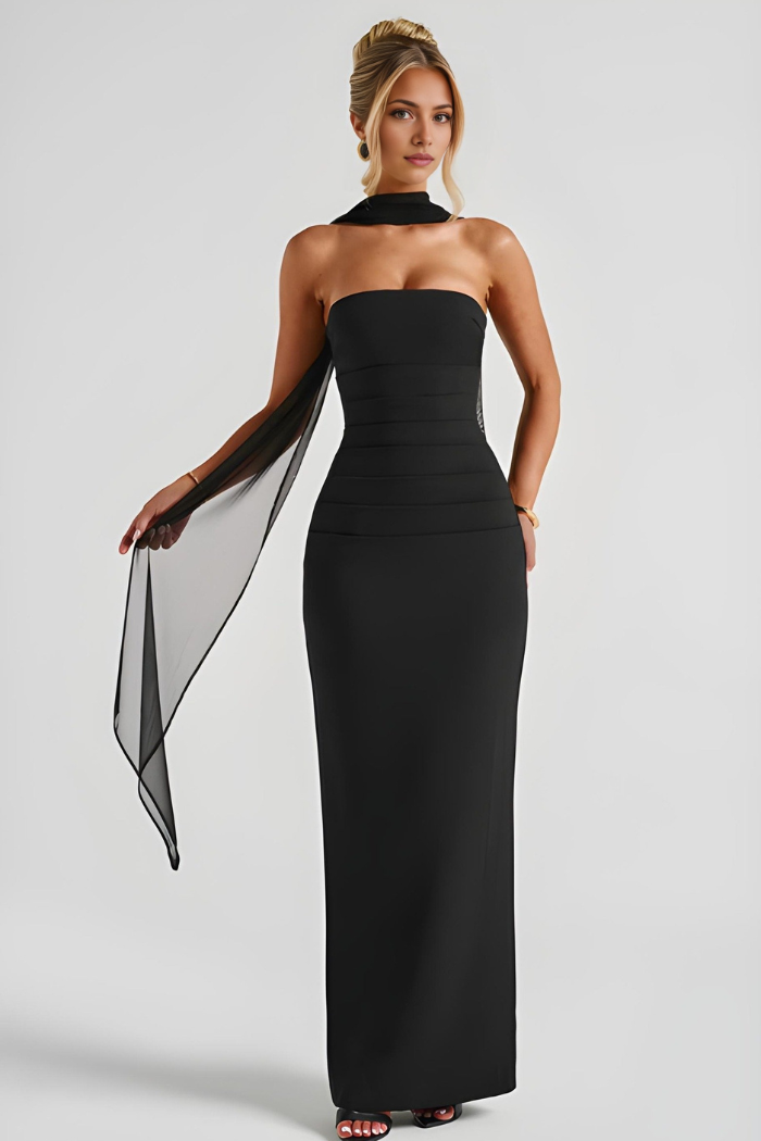 Women's Formal Strapless Bodycon Dress With Scarf | Maxi