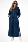 Women's Oversized Long Sleeve Collared Shirt Dress with Pockets | Maxi