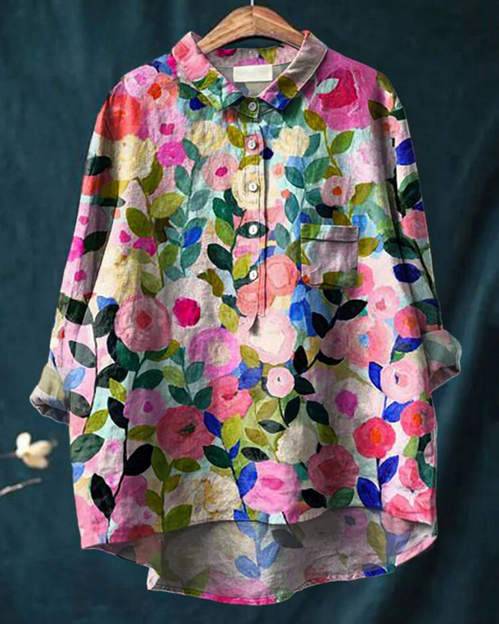 Women's Vintage Floral Button Fron Neck Collared Blouse | Long Sleeves