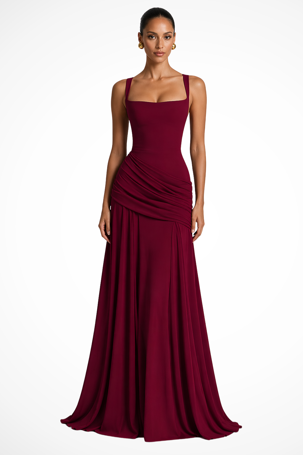 Women's Formal Square Neck Ruched Wedding Guest Dress| Maxi