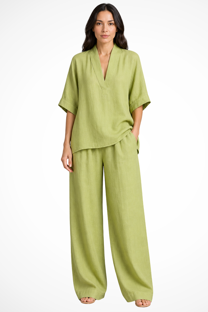 Women's Loose V Neck Top and Wide Leg Trousers Co-Ord Set | Two Piece