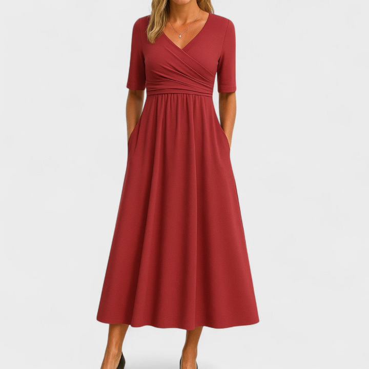 Women's V-Neck Summer Short Sleeve Dress | Midi