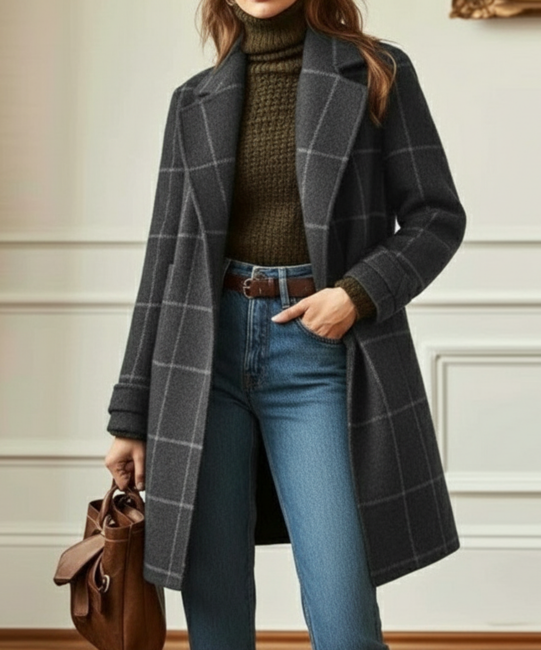Women's Elegant Checkered Winter Coat | Longline